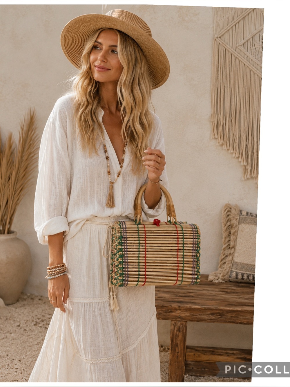 Zara Bamboo Structured Top Handle Bag Wicker Straw Colorful Thread Resort